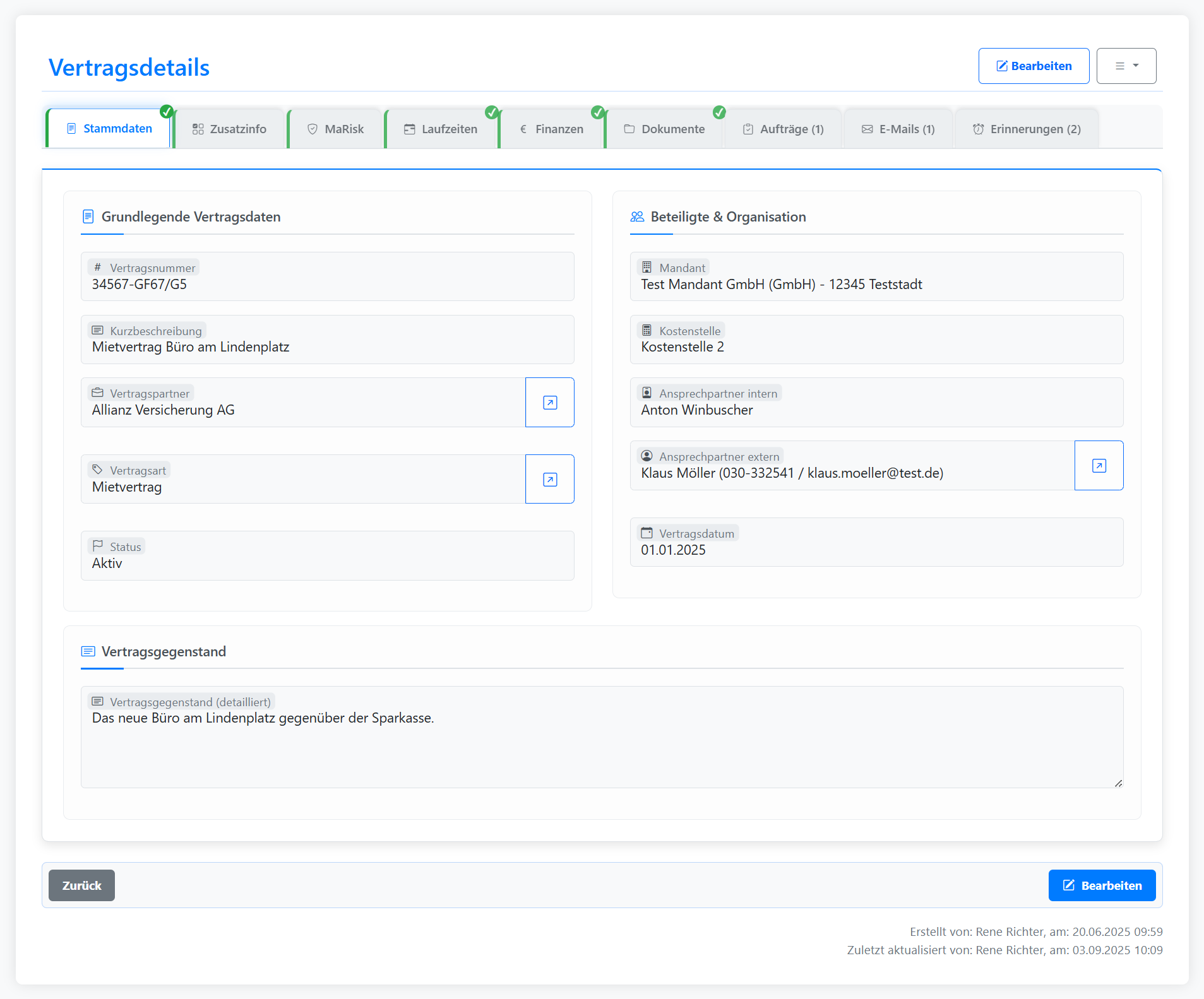 Vollständige Erfassung von Vertragsdatensätzen