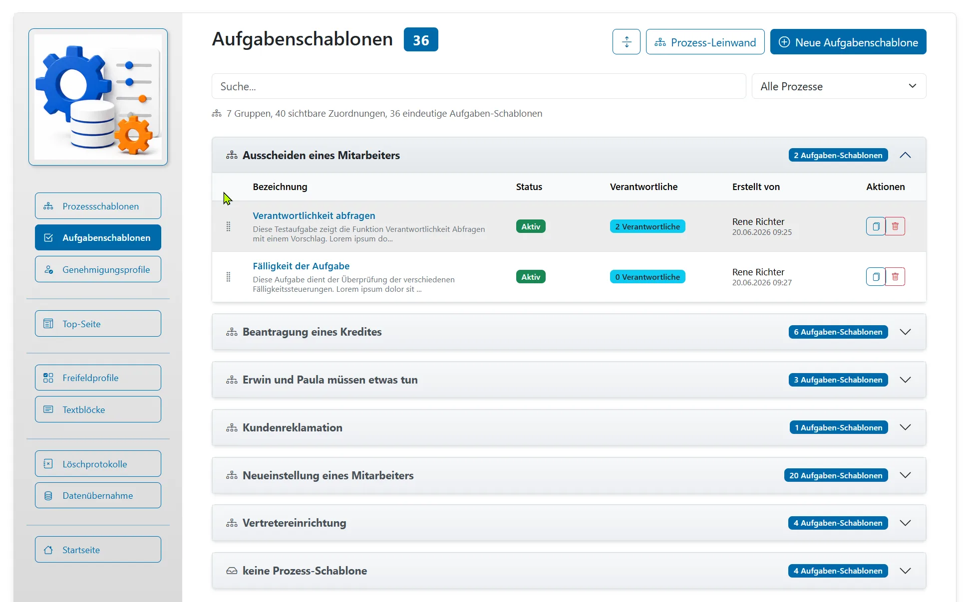 Zentrale Übersicht aller Aufgabenschablonen, nach Prozessart gruppiert