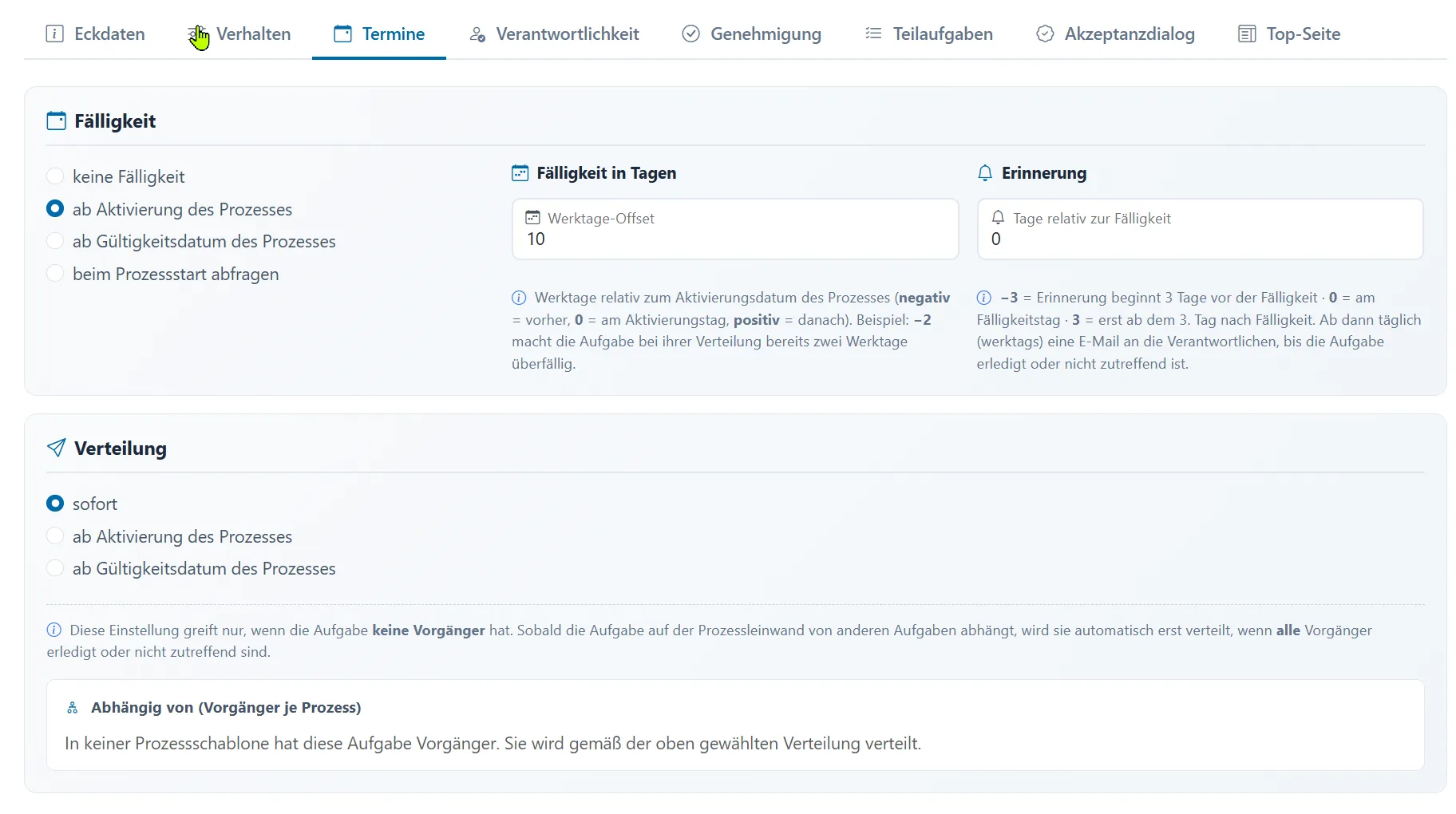 Konfiguration von Fälligkeit, Erinnerung und Abhängigkeiten