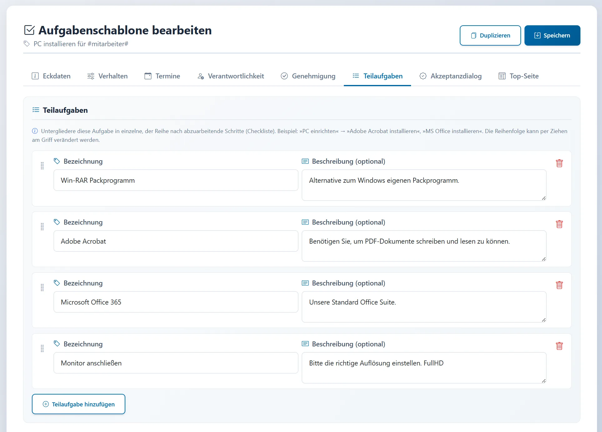 Aufgabe in einzelne Teilaufgaben als Checkliste gegliedert
