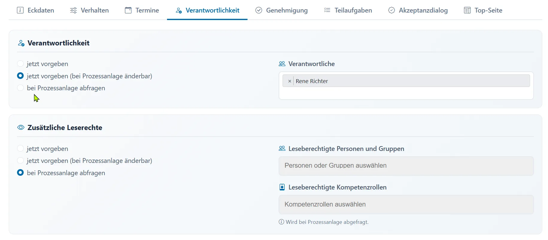 Auswahl von Verantwortlichen und zusätzlichen Lesern je Aufgabe